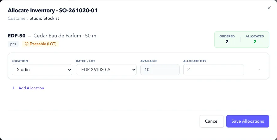 Sales allocation showing ordered and reserved quantities