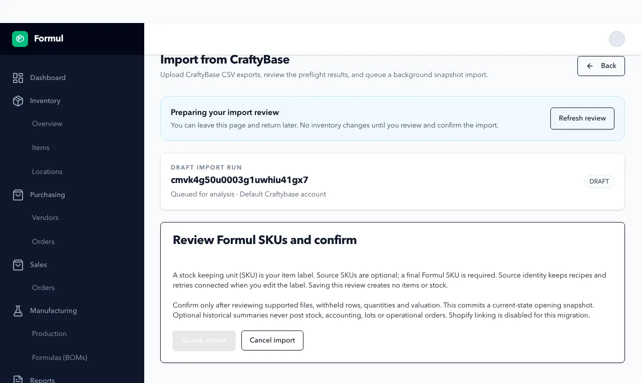 Preparing an import review with confirmation unavailable