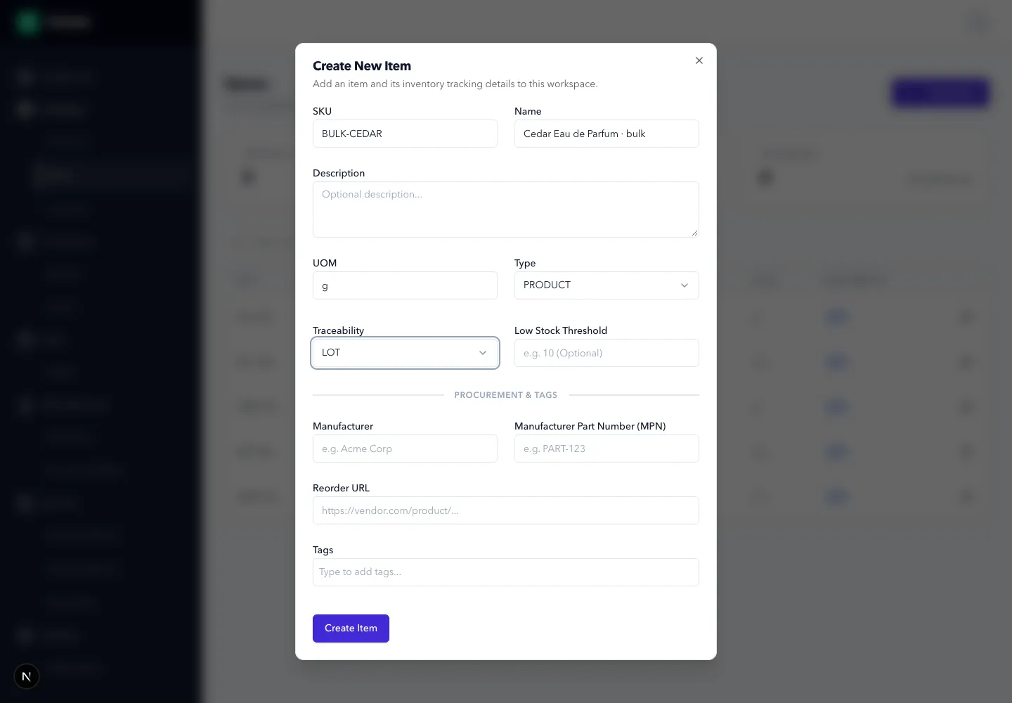 Create New Item Modal