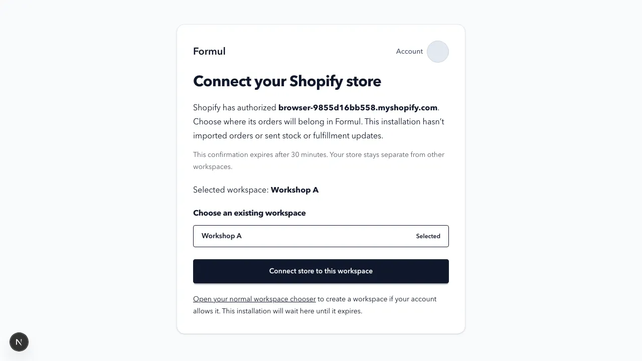 Local preview of explicit Shopify store-to-workspace confirmation