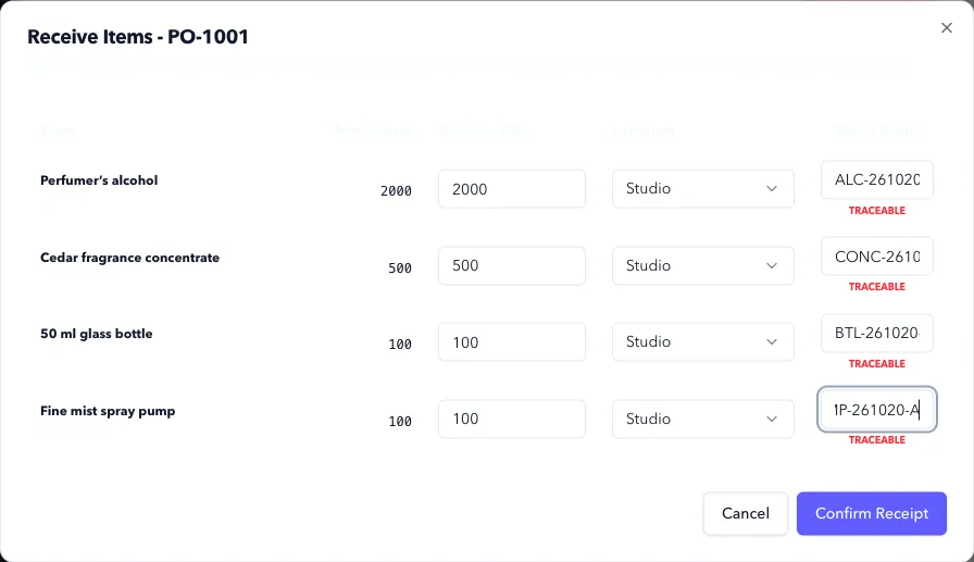 Receiving form with quantity, location, and batch fields