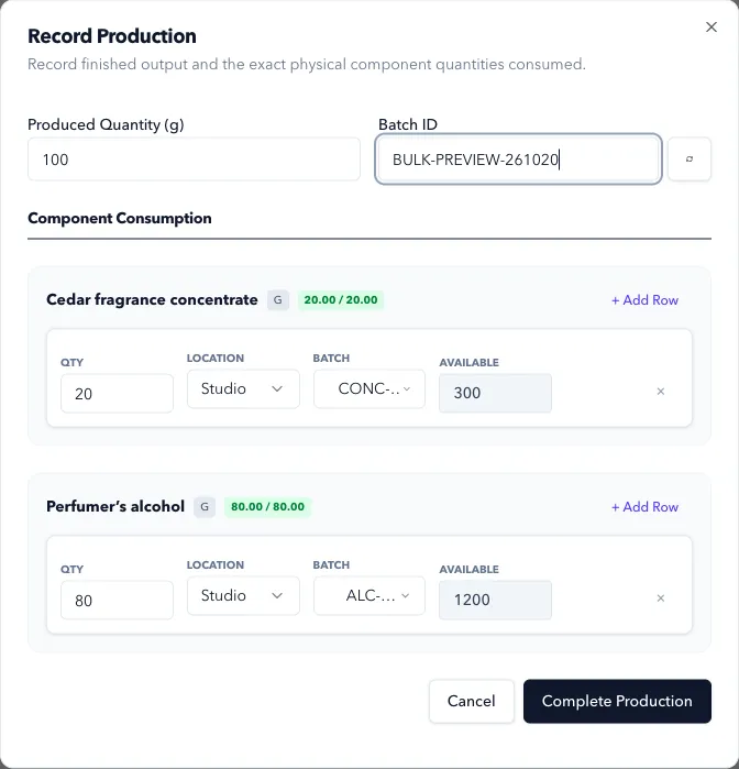 Production recording with selected material lots and valid component quantities