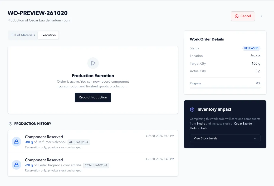 Work order with required materials and its current production status
